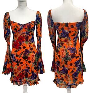 Rat & Boa Naomi Orange Floral Mini Dress Bell Sleeve Ruffle Going Out Club Party